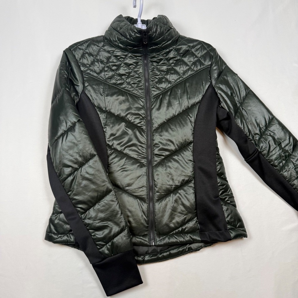 Guess Womens Medium Quilted Puffer Jacket Dark Green Full Zip Hideaway Hood - Picture 1 of 11